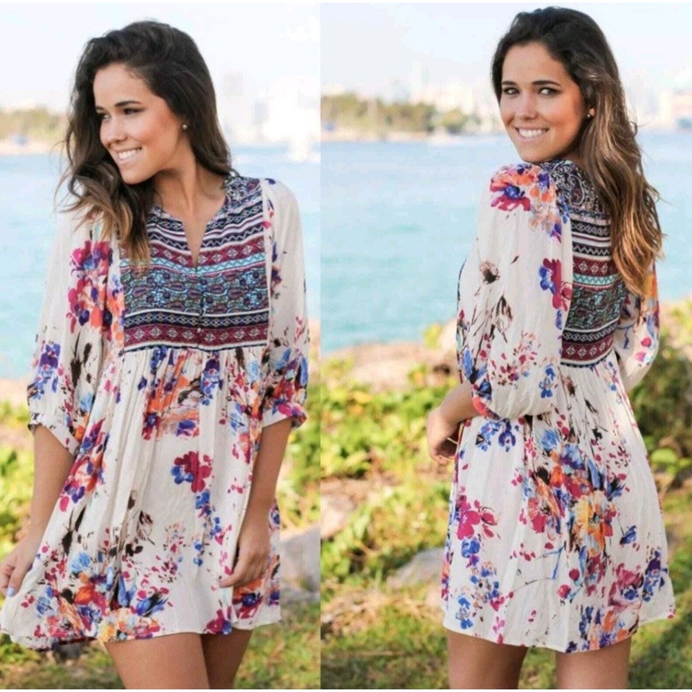Umgee Plus Floral Mixed Print Babydoll Tunic Dress XL Boho Split V-Neck